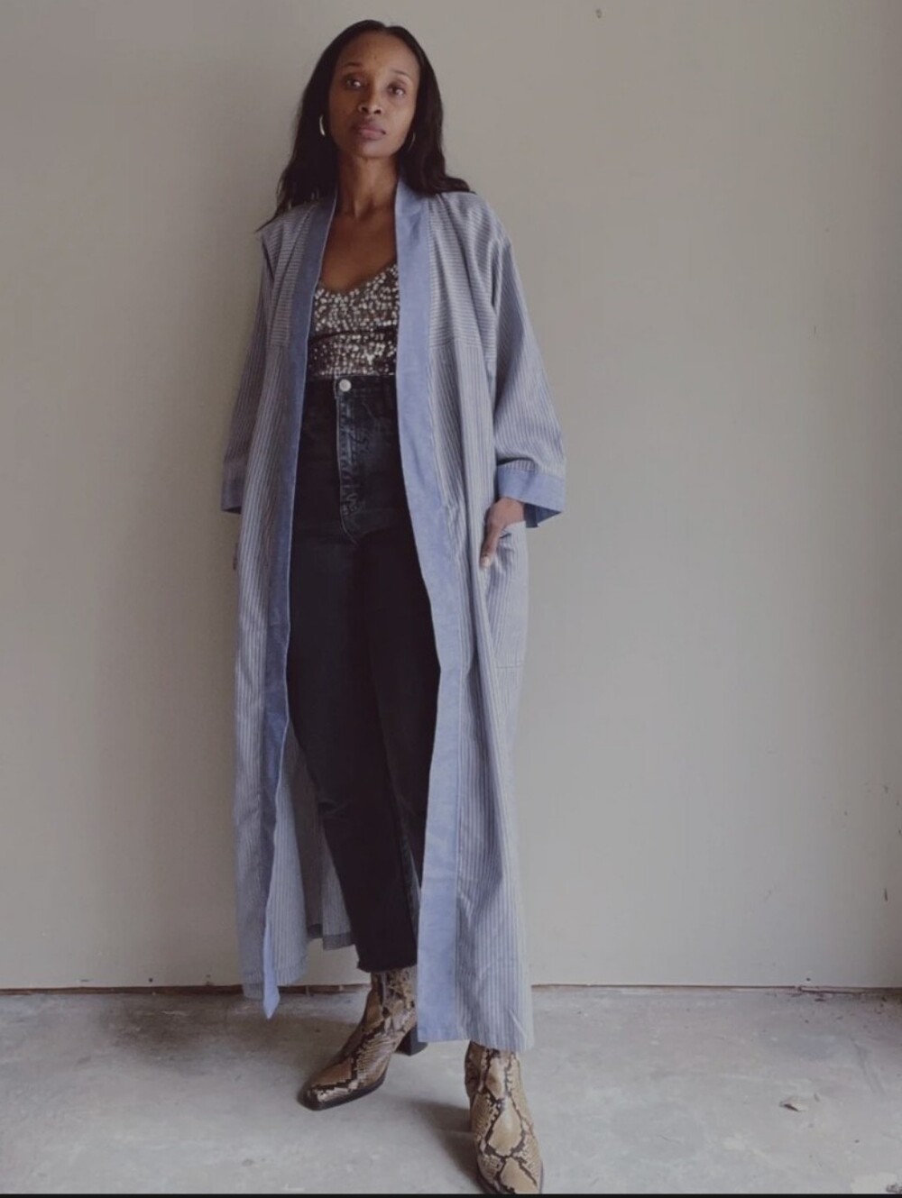Christian Dior Blue Pinstripe Long Robe/ Duster Coat Cardigan No Belt O/S Cotton - Picture 5 of 11